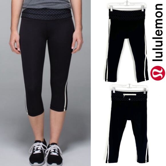 Lululemon Cropped Leggings Black White Stripe Athleisure Retro 4 - Picture 1 of 10